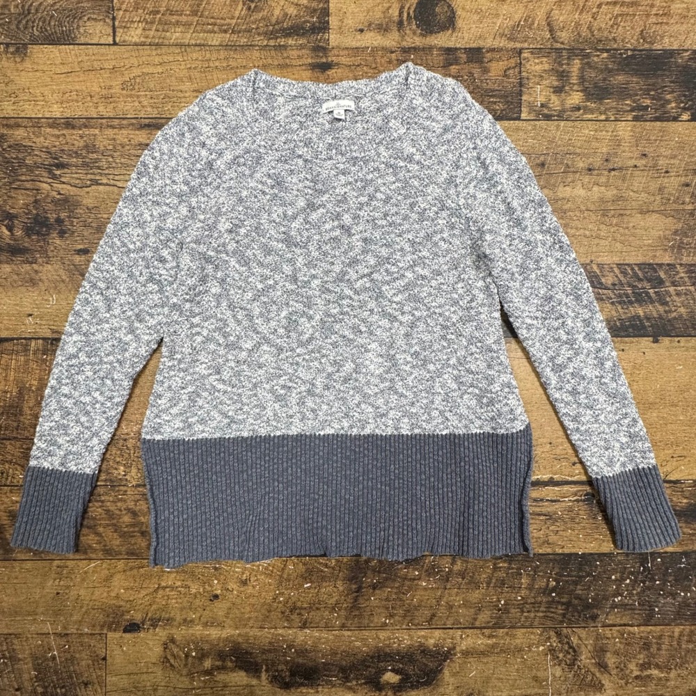 LL Bean Signature Sweater Women Medium Gray White Marled Knit Cotton Linen Blend